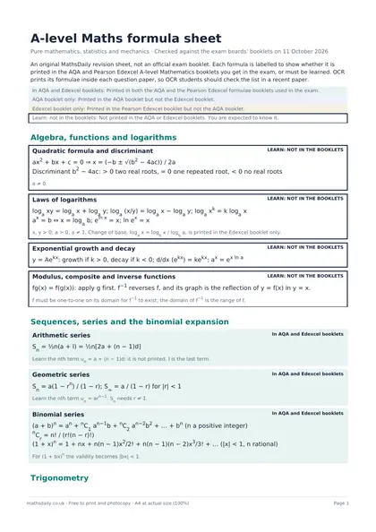 First page of the A-level Maths formula sheet with labelled formula boxes.
