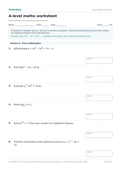 First page of the A-level maths worksheet: name, class and date line, instructions, worked example and the opening questions with answer boxes.