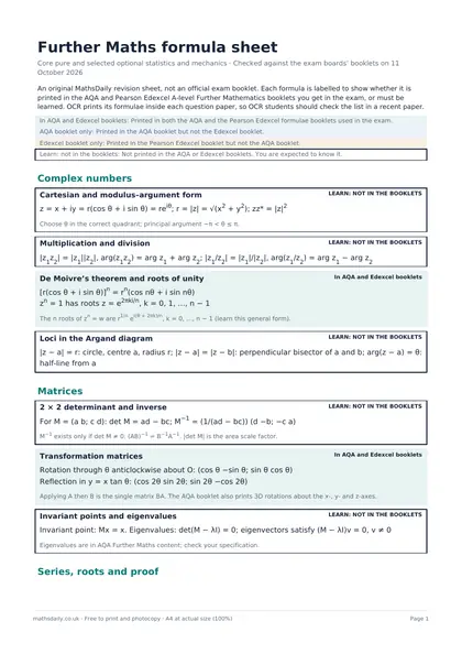 First page of the Further Maths formula sheet with labelled formula boxes.