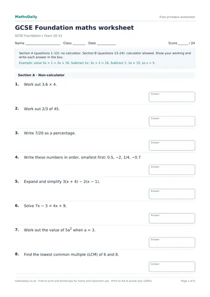 First page of the GCSE Foundation maths worksheet: name, class and date line, instructions, worked example and the opening questions with answer boxes.