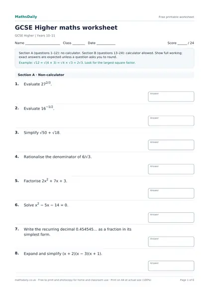 First page of the GCSE Higher maths worksheet: name, class and date line, instructions, worked example and the opening questions with answer boxes.