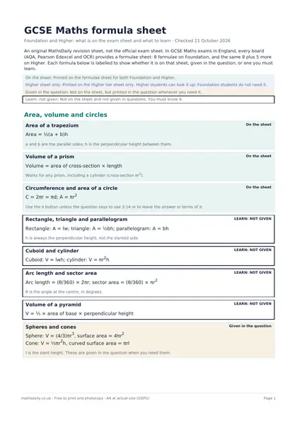 First page of the GCSE Maths formula sheet with labelled formula boxes.