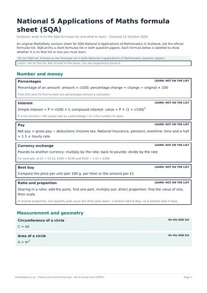 First page of the National 5 Applications of Maths formula sheet with labelled formula boxes.