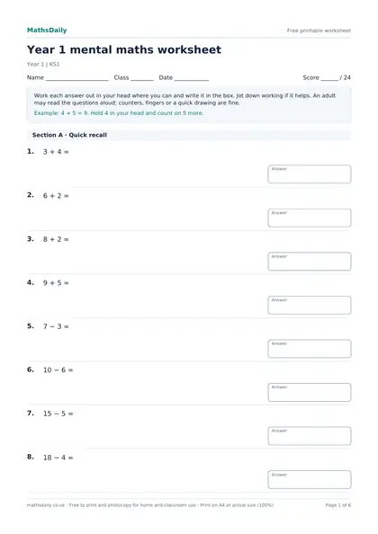 First page of the Year 1 mental maths worksheet: name, class and date line, instructions, worked example and the opening questions with answer boxes.