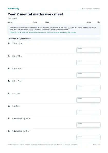 First page of the Year 2 mental maths worksheet: name, class and date line, instructions, worked example and the opening questions with answer boxes.