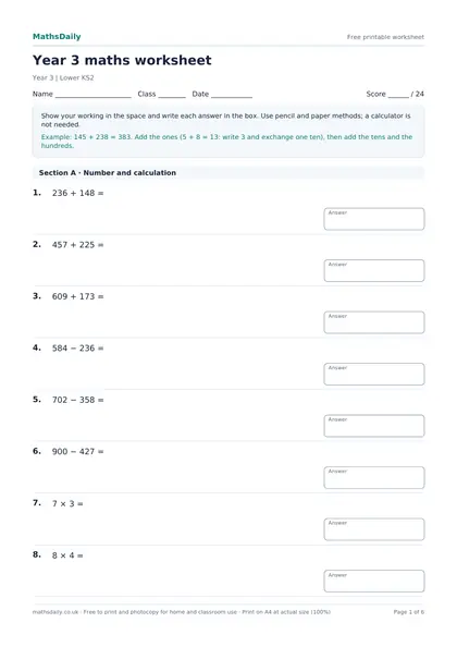 First page of the Year 3 maths worksheet: name, class and date line, instructions, worked example and the opening questions with answer boxes.