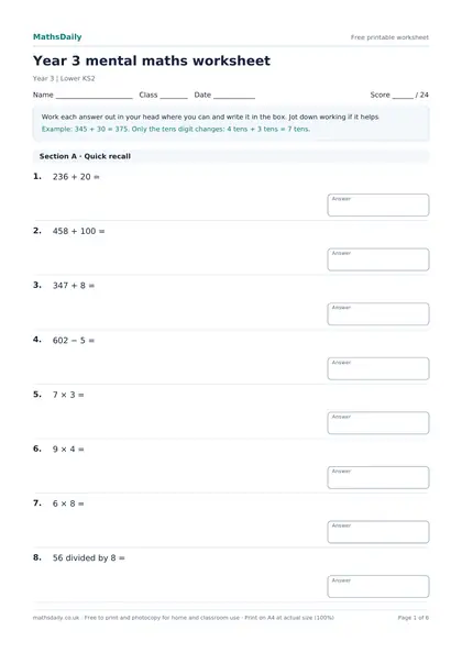 First page of the Year 3 mental maths worksheet: name, class and date line, instructions, worked example and the opening questions with answer boxes.