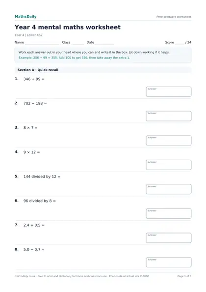 First page of the Year 4 mental maths worksheet: name, class and date line, instructions, worked example and the opening questions with answer boxes.