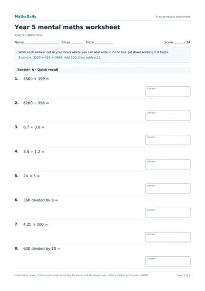 First page of the Year 5 mental maths worksheet: name, class and date line, instructions, worked example and the opening questions with answer boxes.