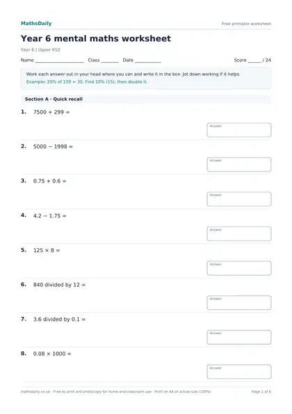 First page of the Year 6 mental maths worksheet: name, class and date line, instructions, worked example and the opening questions with answer boxes.