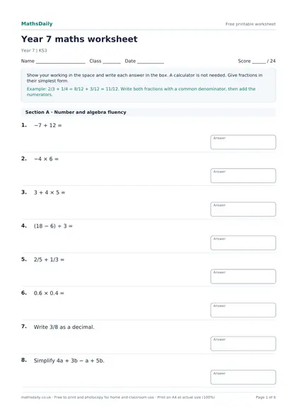 First page of the Year 7 maths worksheet: name, class and date line, instructions, worked example and the opening questions with answer boxes.