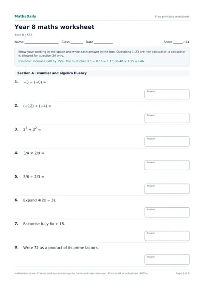 First page of the Year 8 maths worksheet: name, class and date line, instructions, worked example and the opening questions with answer boxes.