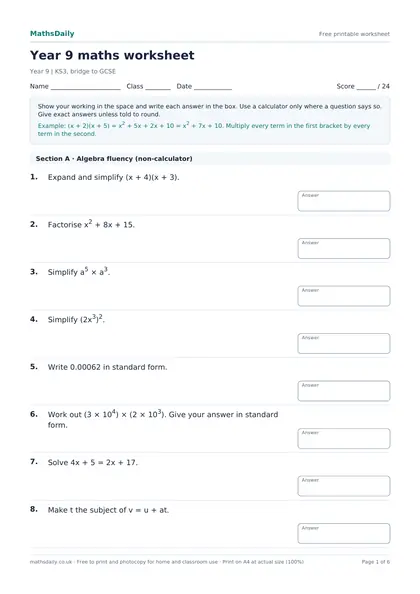 First page of the Year 9 maths worksheet: name, class and date line, instructions, worked example and the opening questions with answer boxes.
