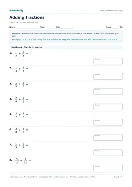 First page of the Adding fractions: name, class and date line, instructions, worked example and the opening questions with answer boxes.