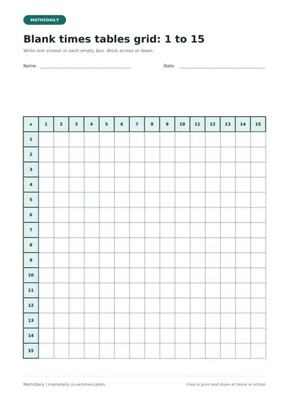 Preview of the blank times tables grid (page 1)