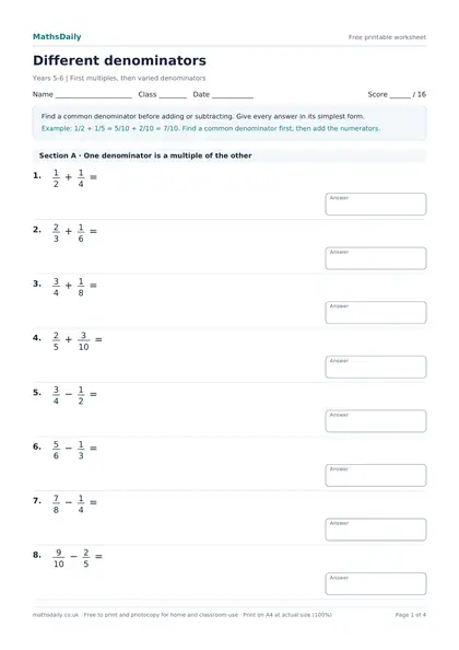 First page of the Different denominators: name, class and date line, instructions, worked example and the opening questions with answer boxes.