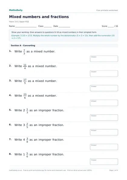 First page of the Mixed numbers and fractions: name, class and date line, instructions, worked example and the opening questions with answer boxes.