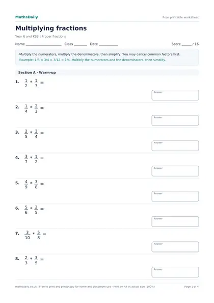 First page of the Multiplying fractions: name, class and date line, instructions, worked example and the opening questions with answer boxes.