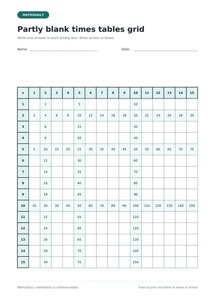Preview of the partly blank times tables grid (page 1)