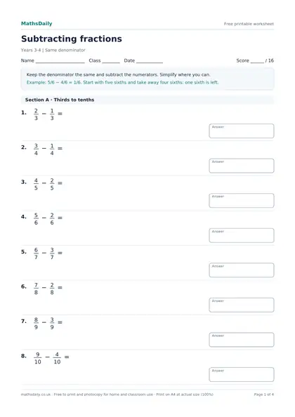 First page of the Subtracting fractions: name, class and date line, instructions, worked example and the opening questions with answer boxes.